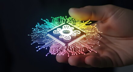 Poster - Futuristic technology held in hand with glowing rainbow fiber optics and intricate gears symbolizing innovation