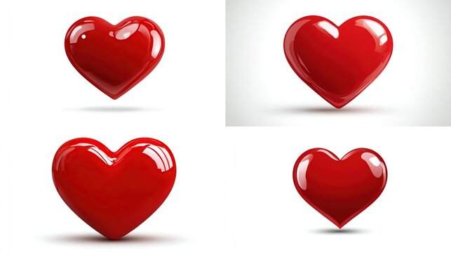 Four glossy, red hearts, digitally rendered, on a white background.  Each heart has a slight shadow and a polished, reflective surface