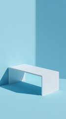 Poster - White minimalist display stand rising against vivid blue backdrop, generating subtle shadow for clean product presentation with contemporary design aesthetic