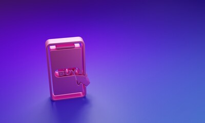 Fototapete - Pink Mobile phone and shopping cart icon isolated on purple-blue background. Online buying symbol. Supermarket basket symbol. Minimalism concept. 3D render illustration