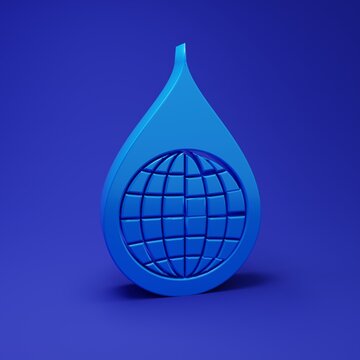 Blue Earth planet in water drop icon isolated on blue background. World globe and water drop. Saving water and world environmental protection. Minimalism concept. 3D render illustration