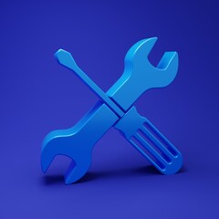 Poster - Blue Crossed screwdriver and wrench tools icon isolated on blue background. Service tool symbol. Minimalism concept. 3D render illustration