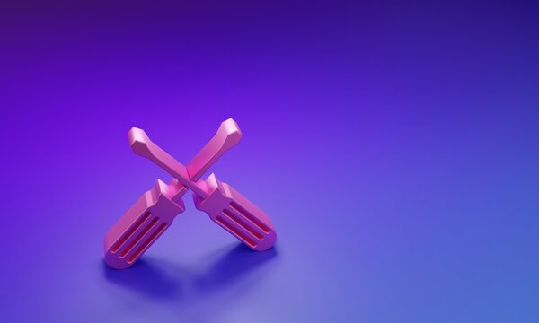 Pink Crossed screwdrivers icon isolated on purple-blue background. Service tool symbol. Minimalism concept. 3D render illustration