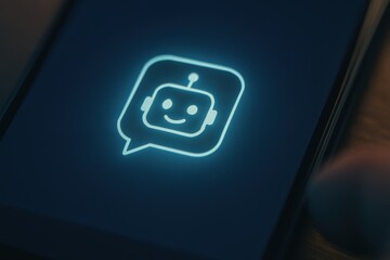 Poster - Friendly Chatbot Icon Displayed on a Mobile Device Screen in a Modern Digital Environment