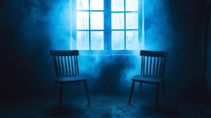 Wall Mural - two chairs facing a window in a dimly lit room filled with blue smoke.