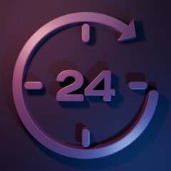 Poster - Purple Clock 24 hours icon isolated on purple-blue background. All day cyclic icon. 24 hours service symbol. Minimalism concept. 3D render illustration