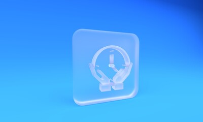 Poster - Frosted glass Clock icon isolated on blue background. Time symbol. Square frosted glass button. 3D render illustration