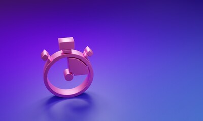 Poster - Pink Stopwatch icon isolated on purple-blue background. Time timer sign. Chronometer sign. Minimalism concept. 3D render illustration