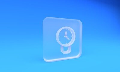Poster - Frosted glass Clock icon isolated on blue background. Time symbol. Square frosted glass button. 3D render illustration