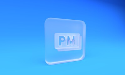 Poster - Frosted glass Clock PM icon isolated on blue background. Time symbol. Square frosted glass button. 3D render illustration