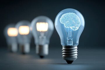 Poster - Blue light bulb featuring a brain design among illuminated bulbs