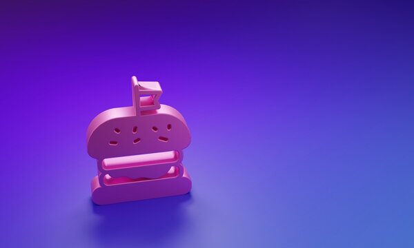 Pink Burger icon isolated on purple-blue background. Hamburger icon. Cheeseburger sandwich sign. Fast food menu. Minimalism concept. 3D render illustration