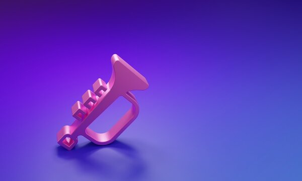 Pink Musical instrument trumpet icon isolated on purple-blue background. Minimalism concept. 3D render illustration