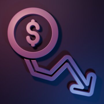 Purple Dollar rate decrease icon isolated on purple-blue background. Cost reduction. Money symbol with down arrow. Business lost crisis decrease. Minimalism concept. 3D render illustration