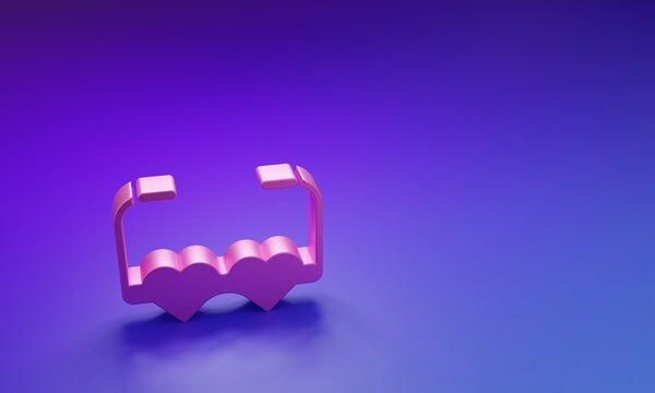 Pink Heart shaped love glasses icon isolated on purple-blue background. Suitable for Valentine day card design. Minimalism concept. 3D render illustration