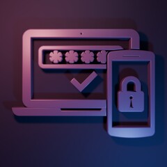 Poster - Purple Multi factor, two steps authentication icon isolated on purple-blue background. Minimalism concept. 3D render illustration