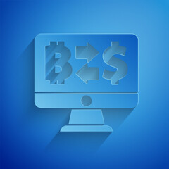 Poster - Paper cut Cryptocurrency exchange icon isolated on blue background. Bitcoin to dollar exchange icon. Cryptocurrency technology, mobile banking. Paper art style. Vector