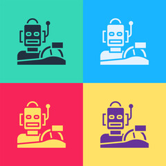 Poster - Pop art Robot humanoid driving a car icon isolated on color background. Artificial intelligence, machine learning, cloud computing. Vector