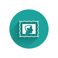 Poster - White Postal stamp icon isolated with long shadow. Green circle button. Vector