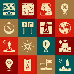 Poster - Set City map navigation, Location with mountain, Magnifying glass globe, Road traffic sign, Compass, Monitor location marker and Gps device icon. Vector