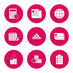 Poster - Set Gold bars, Coin money with dollar symbol, Clipboard checklist, Credit card, Wallet coins, Calendar, Earth globe and Calculator icon. Vector