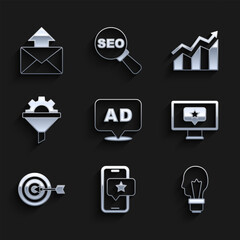 Poster - Set Advertising, Mobile with review rating, Light bulb concept of idea, Monitor star, Target, Sales funnel gear, Financial growth increase and Mail and e-mail icon. Vector
