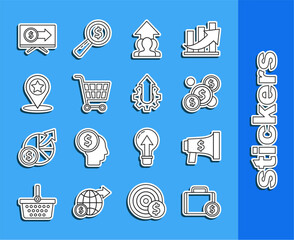 Aufkleber - Set line Briefcase and money, Megaphone dollar, Coin with, Growth chart progress people crowd, Shopping cart, Map pointer star, Monitor and Arrow growth gear business icon. Vector