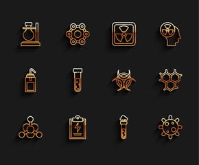Poster - Set line Bacteria, Laboratory clipboard with checklist, Test tube flask on stand, chemical, Chemical formula and Biohazard symbol icon. Vector