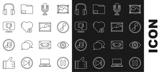 Poster - Set line Pause button, Eye, Music note, tone, Microphone, Like and heart, Dislike in speech bubble, Headphones and Picture landscape icon. Vector