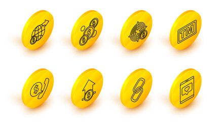 Poster - Set line Mobile phone and like with heart, Chain link, Financial growth coin, Telephone handset speech bubble chat, Trademark, Target dollar symbol, Coin money and Earth globe icon. Vector