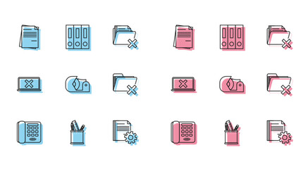 Fototapete - Set line Telephone, Pencil case stationery, File document, Document settings with gears, Scotch, Delete folder, Laptop and cross mark screen and Office folders papers documents icon. Vector