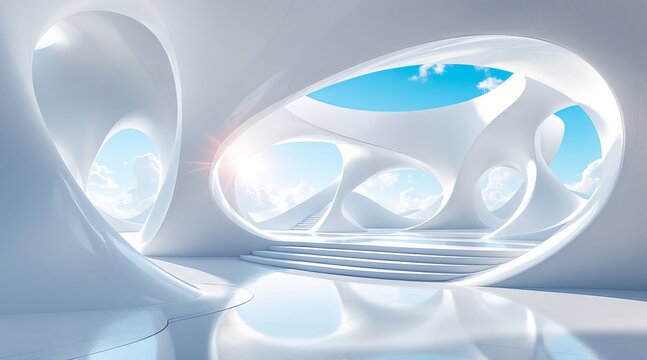 The futuristic white architecture creates a modern and abstract interior with a bright and clean design