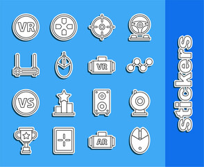 Poster - Set line Computer mouse gaming, Web camera, Share, Target sport, Router and wi-fi signal, Virtual reality glasses and icon. Vector