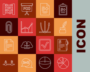 Poster - Set line Abacus, Open book, Chalkboard, Calculator, Sigma symbol, Book with word mathematics, Graph, schedule, chart, diagram and Ringing bell icon. Vector