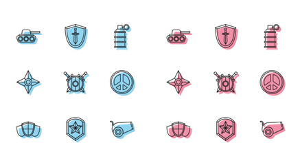 Poster - Set line Shield, Police badge, Military tank, Cannon, Wooden shield with crossed swords, Peace, Japanese ninja shuriken and Medieval icon. Vector