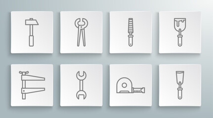Poster - Set line Clamp tool, Pincers and pliers, Wrench spanner, Roulette construction, Putty knife, Chisel for wood, and Hammer icon. Vector