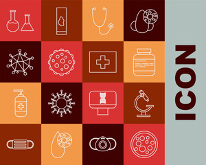 Poster - Set line Virus, Microscope, Medicine bottle and pills, Stethoscope, Test tube flask and First aid kit icon. Vector