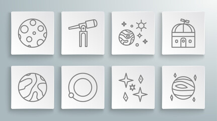Poster - Set line Falling stars, Telescope, Satellites orbiting the planet Earth, Planet, Venus, Space and, Astronomical observatory and Moon icon. Vector