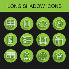 Poster - Set line Online book, Web camera, on monitor, Social network, class, Task list, Computer and desk and Pie chart infographic icon. Vector