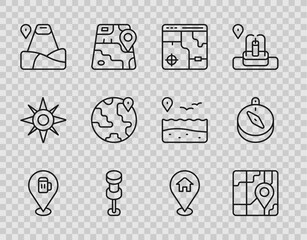 Poster - Set line Alcohol or beer bar location, City map navigation, Infographic of city, Push pin, Location with mountain, the globe, house and Compass icon. Vector