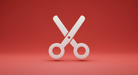 Poster - Minimalist white scissors symbol against a red background in a modern design