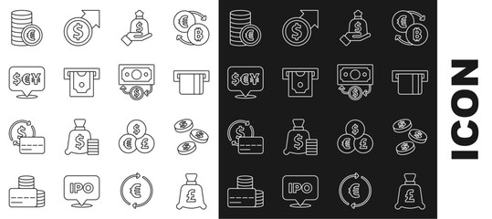Poster - Set line Coin money with pound, dollar, Credit card inserted, Hand holding bag, ATM, Currency exchange, euro symbol and Stacks paper cash icon. Vector