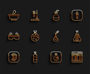 Poster - Set line Bacteria, Propane gas tank, Mortar and pestle, Cracked flask, Chemical online, Test tube, fire and icon. Vector