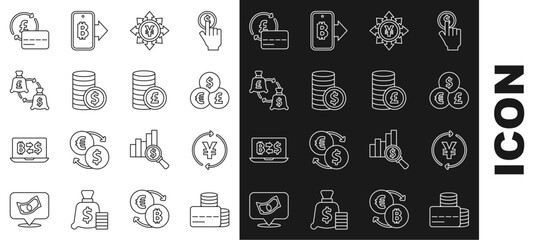 Poster - Set line Credit card, Coin money with Yen, Currency exchange, dollar, and pound icon. Vector