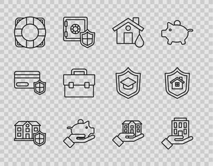 Poster - Set line House with shield, in hand, flood, Piggy bank, Lifebuoy, Briefcase, and icon. Vector