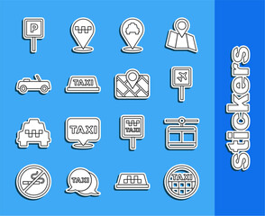 Poster - Set line Taxi car roof, Cable, Airport, Location with taxi, Car, Parking and Gps device map icon. Vector