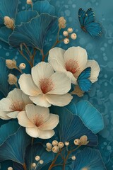 Poster - Elegant floral art with butterflies amidst blossoms on a blue gradient backdrop