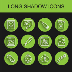 Poster - Set line Police electric shocker, Murder, Wanted poster, Money bag, shotgun, Baseball bat with nails, Thief mask and Internet piracy icon. Vector