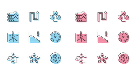 Poster - Set line Hierarchy organogram chart, Many ways directional arrow, Graph, diagram, Dollar symbol, Financial growth decrease, Clock, Intersection point and Arrow icon. Vector