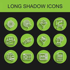 Poster - Set line Advertising, Browser setting, Target, Pie chart infographic, Chess and Lead management icon. Vector